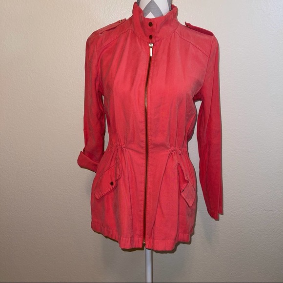 Zara Basic Pink Salmon Solid Zip Cargo Pocket Lightweight Utility Jacket Small - Picture 15 of 15